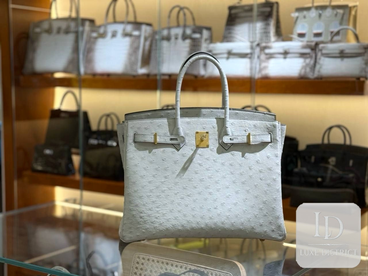 Hermès Birkin 35 — Серо-жемчужная кожа страуса (Южная Африка KK) и золотая фурнитура